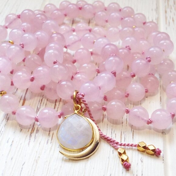 Rose Quartz Moonstone Meditation Necklace 108 - Picture 4 of 5